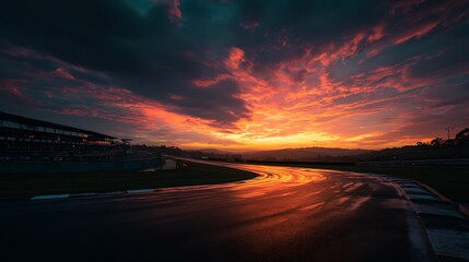 Wet Racetrack at Dramatic Sunset with Reflection and Dark Clouds