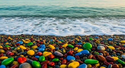 Obraz premium Colorful pebbles on the beach with ocean waves in the background