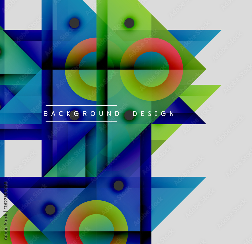 Poster abstract geometric shapes overlap, creating vibrant colorful design. circles, squares, triangles for