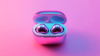 Wireless earbuds in a stylish charging case, showcasing modern design and vibrant colors, set against a soft gradient background, perfect for tech enthusiasts and music lovers