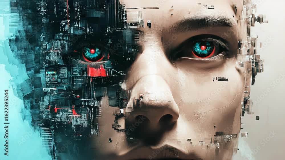 Poster artificial intelligence face emerging from circuit board