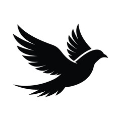 A minimalist black silhouette of a bird with wings spread wide, captured in mid-flight against a white background.