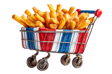 mini shopping cart with crispy potato fries, patriotic USA-themed food, red white and blue color palette. isolated on transparent background with clipping path.