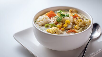 Eating Creamy Vegetable Soup with Corn and Cauliflower