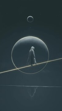 A cloaked figure walking a tightrope made of stars between two planets