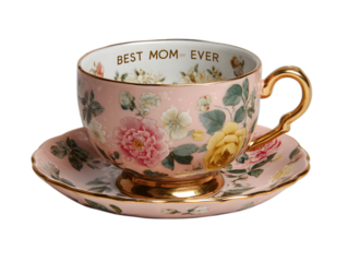 delicate tea cup with floral pattern and printed text "Best Mom Ever", pastel color, Perfect Mother's Day gift. isolated on Transparent Background with Clipping Path.