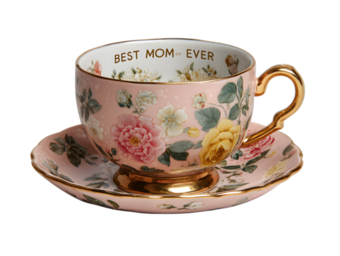 delicate tea cup with  floral pattern and printed text "Best Mom Ever", pastel color, Perfect Mother's Day gift. isolated on Transparent Background with Clipping Path.