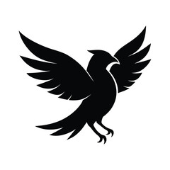 A sleek, black silhouette of a bird with its wings spread wide, captured in mid-flight against a clean white background.