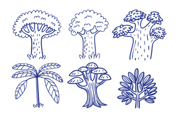 Hand-Drawn Tree Collection: A charming collection of six stylized tree illustrations, each uniquely crafted with expressive linework, showcasing botanical diversity and artistic flair. 