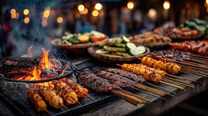 Street food stalls with skewers grilling over open fire