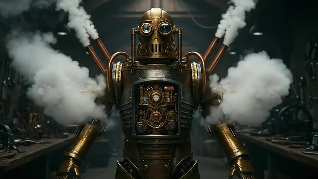 Steampunk robot in workshop with steam and machinery