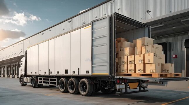 Large white cargo truck parked at warehouse loading dock with rear trailer open, showing cardboard boxes on pallet jack, under partly cloudy sky, realistic logistics and delivery scene.

