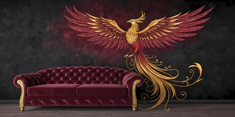 A fantasy-style phoenix rising in burnished gold and deep crimson red, with a metallic feathered tail flowing gracefully, set against a dark velvet-textured background 