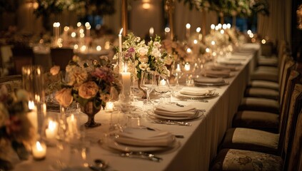 Fototapeta premium Elegant banquet table with numerous candles, floral centerpieces, and place settings