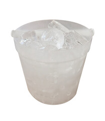 Transparent plastic bucket filled with clear ice cubes, commonly used in restaurants or parties to chill beverages and drinks.
