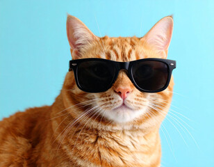 Portrait of funny ginger cat wearing sunglasses isolated on light cyan.