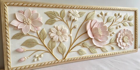 Hand-sculpted ceramic panel featuring blooming flowers and leaves in soft ivory and pale pink glaze, high-relief texture with elegant artisan craftsmanship, perfect for a hallway or serene bedroom