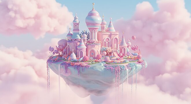 Pastel Candy Castle: Dreamy 3D Render, Floating Island