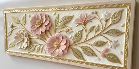 Hand-sculpted ceramic panel featuring blooming flowers and leaves in soft ivory and pale pink glaze, high-relief texture with elegant artisan craftsmanship, perfect for a hallway or serene bedroom