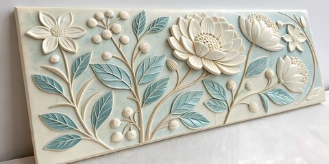 Hand-sculpted ceramic panel featuring blooming flowers and leaves in soft ivory and pale blue glaze, high-relief texture with elegant artisan craftsmanship, perfect for a hallway or serene bedroom