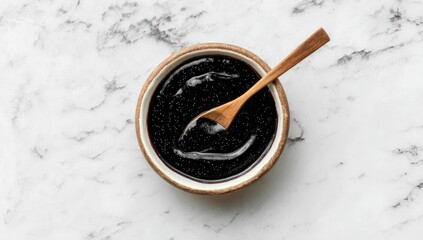 Dark, viscous sauce in a wooden bowl with a wooden spoon