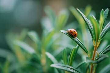 A ladybug with black spots rests on a narrow green leaf against a blurred green background