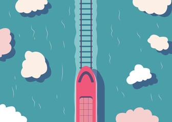 An overhead perspective depicts a charming red train traversing a serene blue river, complete with delicate cloud formations. The scene evokes a sense of journey and tranquility.