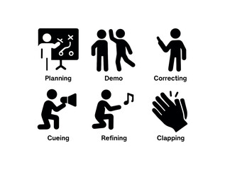Fototapeta premium flat black solid icon items isolated on white background choreographer (actions): planning demo correcting cueing refining clapping