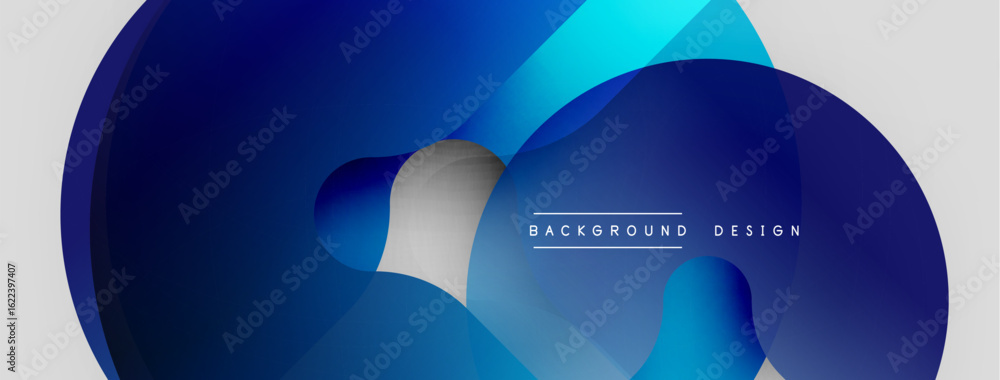 Poster abstract fluid shapes overlap, creating dynamic blue gradient effect. minimalist design with text el