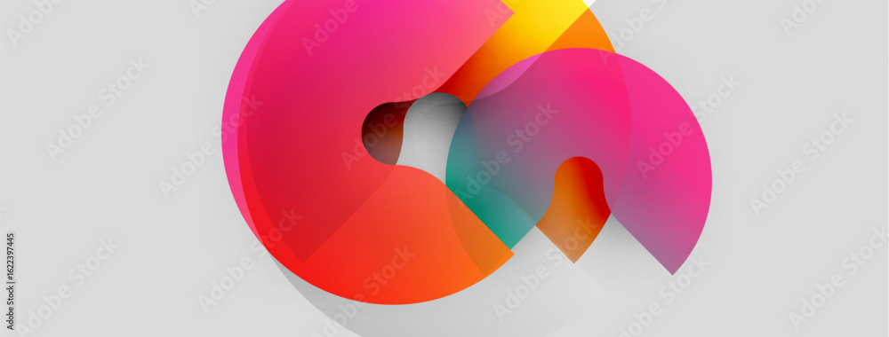 Poster abstract colorful shapes overlap, creating dynamic visual effect. gradient hues blend, forming moder
