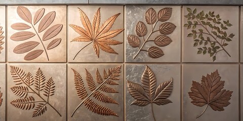 Pressed botanical leaves and stems cast into ceramic tiles with brushed copper or rose gold finish, arranged in a grid or vertical column for a nature-inspired metallic wall feature
