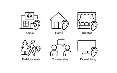 simple outline stroke icon items monoline icons style isolated on white background hearing aid tuning (contexts): clinic home theater outdoor walk conversation TV watching