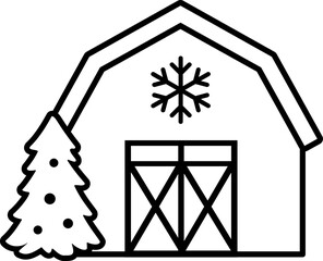 Holiday barn house with decorated Christmas tree outline isolated.
Winter farmhouse thick line icon vector.
Transparent background. svg.