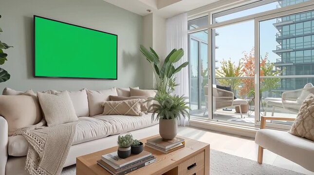 Modern cozy living room with natural light, neutral furniture, indoor plants, and flat-screen TV with green screen for chroma key, featuring floor-to-ceiling windows and clean design.

