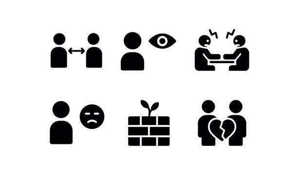 flat black solid icon items isolated on white background empathy barrier (effects): distance mistrust tension apathy barrier growth relationship strain
