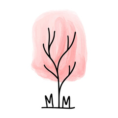 A whimsical and minimalist illustration captures a serene scene of nature. A stylized tree, with its delicate branches, stands gracefully before a soft watercolor background.