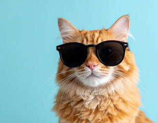 Portrait of funny ginger cat wearing sunglasses isolated on light cyan.