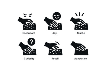 Obraz premium flat black solid icon items isolated on white background tactile sensitivity (responses): discomfort joy curiosity recoil adaptation