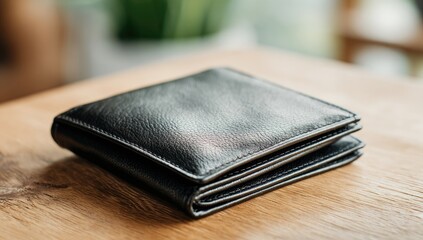 Black leather wallet on wooden table