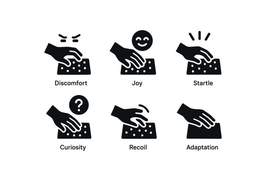 flat black solid icon items isolated on white background tactile sensitivity (responses): discomfort joy curiosity recoil adaptation