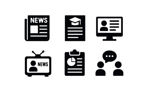 flat black solid icon items isolated on white background factual accuracy screening (contexts): journalism academic paper online article broadcast news report debate