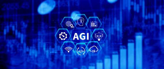 AGI concept, Artificial general intelligence, AI knowledge learning technology, AGI is the future of modern world, combination of humans and AI