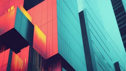 Modern glass building facade reflecting vibrant red and orange light - Powered by Adobe