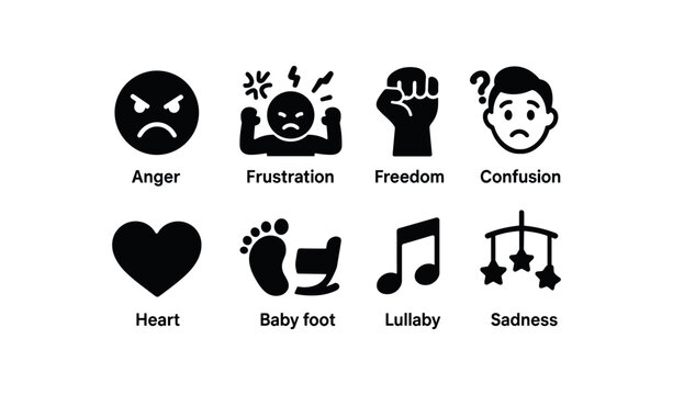 flat black solid icon items isolated on white background teenage rebellion (feelings): anger frustration freedom confusion pride sadness. flat black solid icon items isolated on white