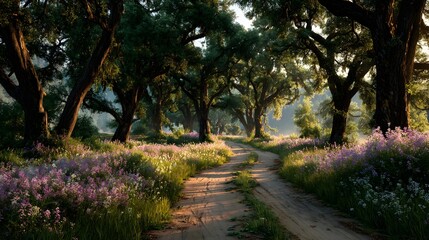 Fototapeta premium Forest path with wildflowers