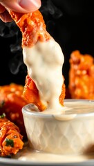 buffalo wings ranch dip dipping steam close up dramatic dark background sauce juicy chicken wings
