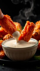 dipping steam juicy chicken wings dark background ranch dip buffalo wings sauce close up dramatic
