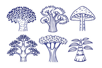 Ink Trees Illustration Set: An illustrative composition of six unique trees in a minimalist, yet distinctive style, captured as a set, representing diverse forms and the essence of nature.