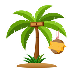 Tropical Coconut Tree with Wooden Sign Vector on White Background
