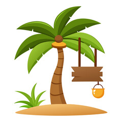 Tropical Coconut Tree with Wooden Sign Vector on White Background